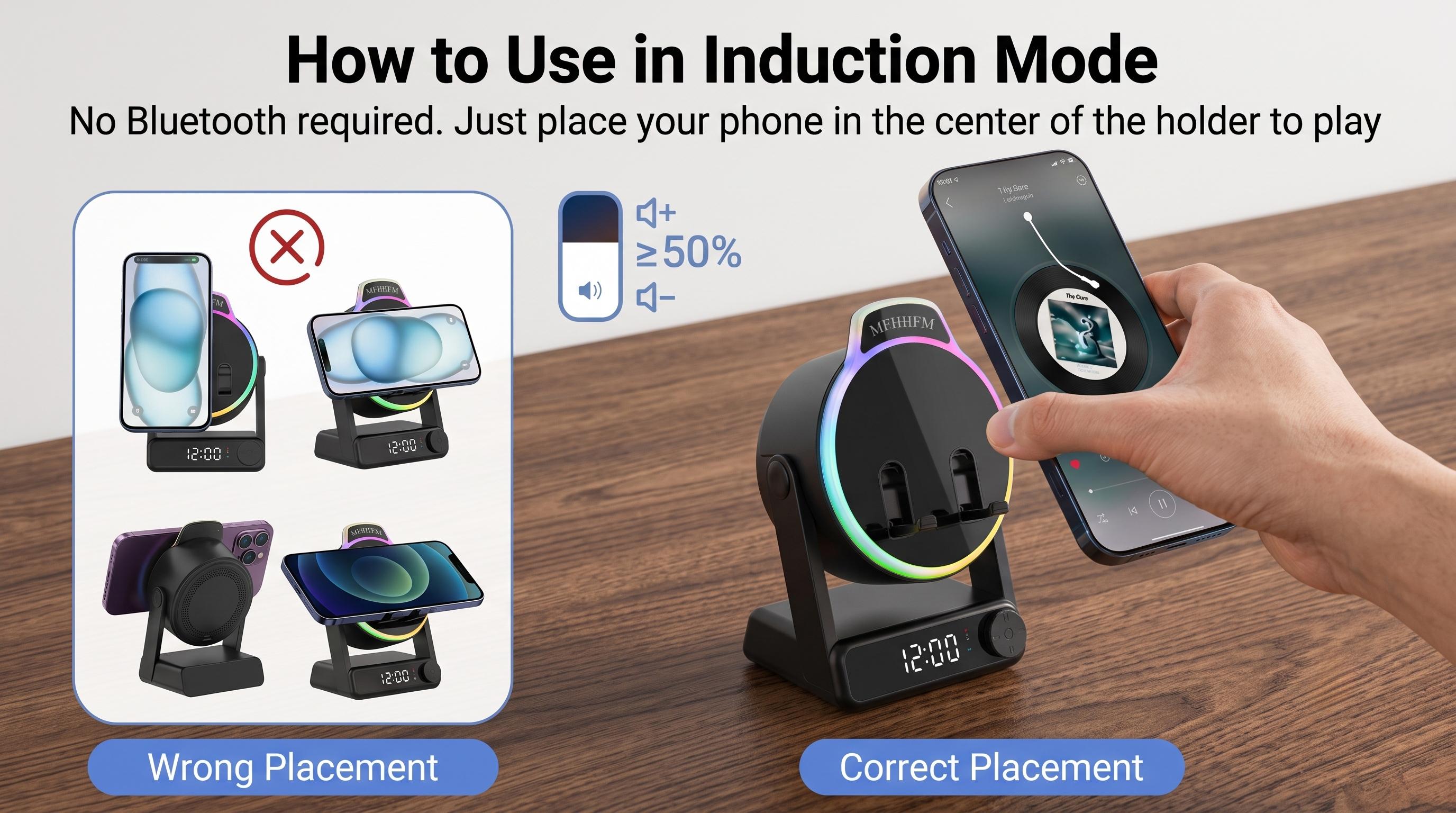 MFHHFM Portable Wireless Induction Bluetooth Speaker - 5-in-1 Mobile Device Accessory with Phone Stand, Stereo Sound, Digital Alarm Clock, RGB LED Light, Adjustable Holder for iPhone, Android & iPad, Batteries Included, Tech Gifts for Women, Portable Spea