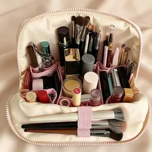 Travel Compact Cosmetic Organizer Bag, Waterproof Foldable Makeup Storage Pouch with Multi-Pocket Compartments & Durable Zipper for Daily & Vacation Use
