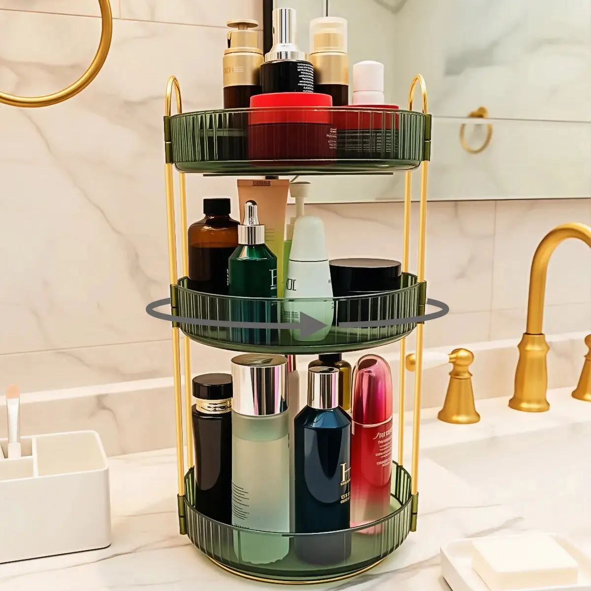 Modern 360-Degree Rotating Multifunctional Organizer, Steel Green Countertop Cosmetic Organisers for Vanity Bathroom Dresser, Decorative Indoor High-Capacity Storage Rack for Makeup Skincare Perfume Jewelry