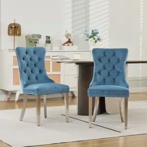 Nikki Collection Modern, High-end Tufted Solid Wood Contemporary Velvet Upholstered Dining Chair with Chrome Stainless Steel Plating Legs,Nailhead Trim,Set of ,Light Blue and Chrome, SW1701LB