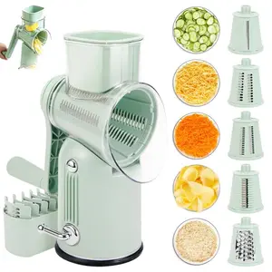 5-in-1 Rotary Kitchen Cheese Grater & Vegetable Chopper Utensils with 10 Stainless Steel Blades, Strong Suction Base, Safety Handle, Blade Storage Box, Cleaning Brush for Chopping (Green)