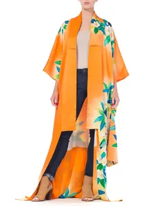 1970S Hand Printed Tropical Floral Japanese Silk Kimono