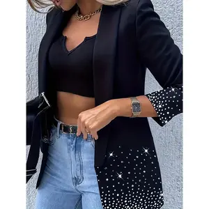 Women's Rhinestone Decor Shawl Collar Blazer, Elegant Formal Long Sleeve Open Front Outerwear for Work Office Business, Ladies Fall & Winter Clothes