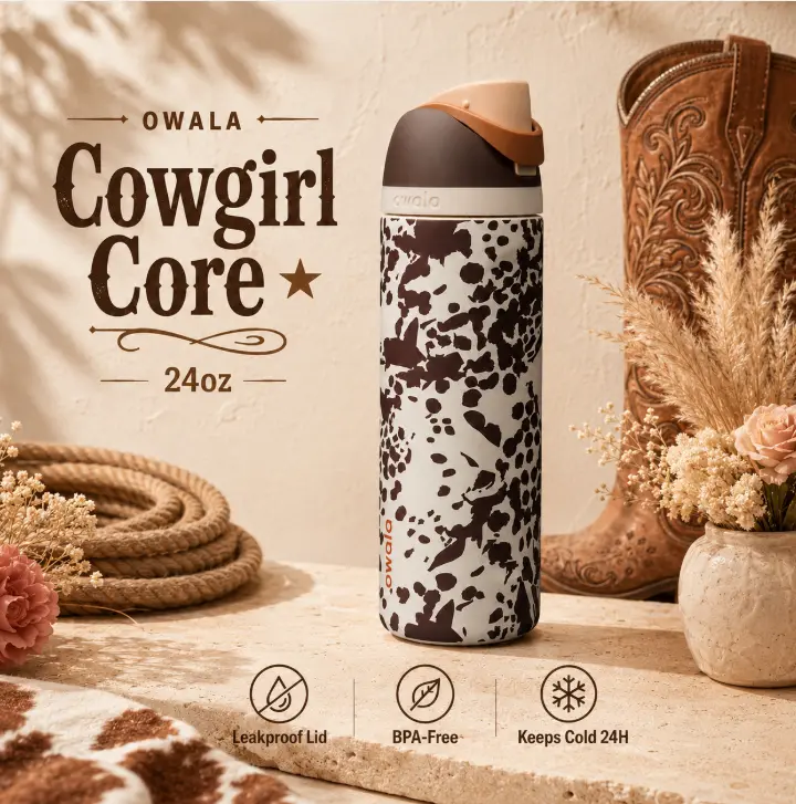 Owala Cowgirl Core 24oz Leak-Proof Insulated Stainless Steel FreeSip Flask, 13-24 Hours Temperature Retention, 500-1000 ml Capacity, Western Collection Gift for Cowgirls & Adults, Flasks, 500-1,000 Ml
