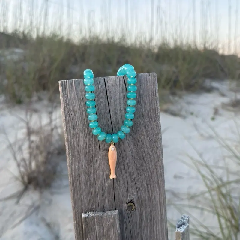 aqua blue jade & peach fish charm necklace, blue and orange beach necklace, colorful summer jewelry