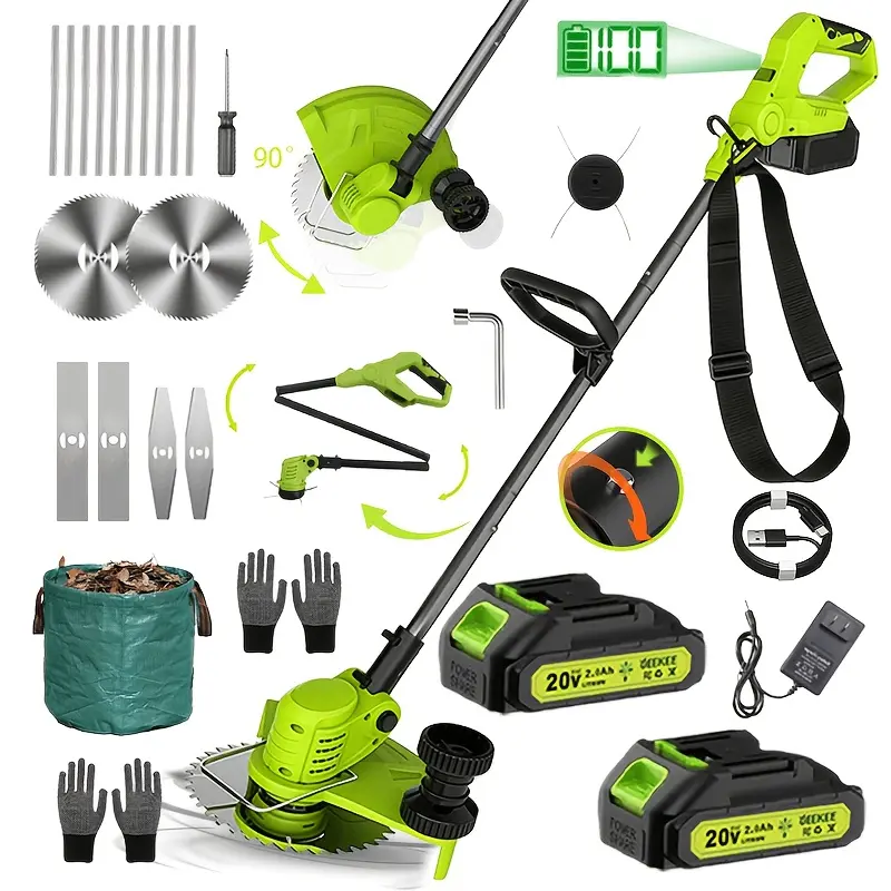 UEEKEE This 8-inch 3-in-1 wireless mower combines electric trimming and weeding functions; it comes equipped with two high-capacity batteries and a fast charger, includes a shoulder strap and supports a rotating head for side trimming.