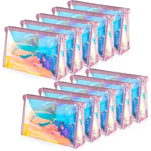 10 Pcs Holographic Makeup Bags Bulk, Clear Bachelorette Bag Iridescent Pouch Portable Zippered Toiletry Bag Waterproof Cosmetic Bags Gift Bags for Women in Bulk