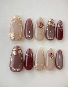 Gold Flower Cat Eye Press On Nails: Hand Painted Faux Acrylic Gel Nails