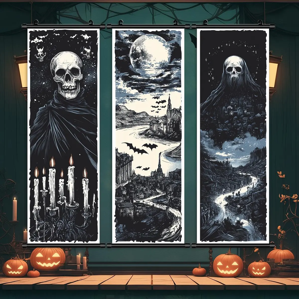 Halloween Hanging Banner, 3 Counts/set Retro Scary Skeletons Pattern Wall Art, Halloween Decoration, Wall Decor for Home Living Room Bedroom Yard