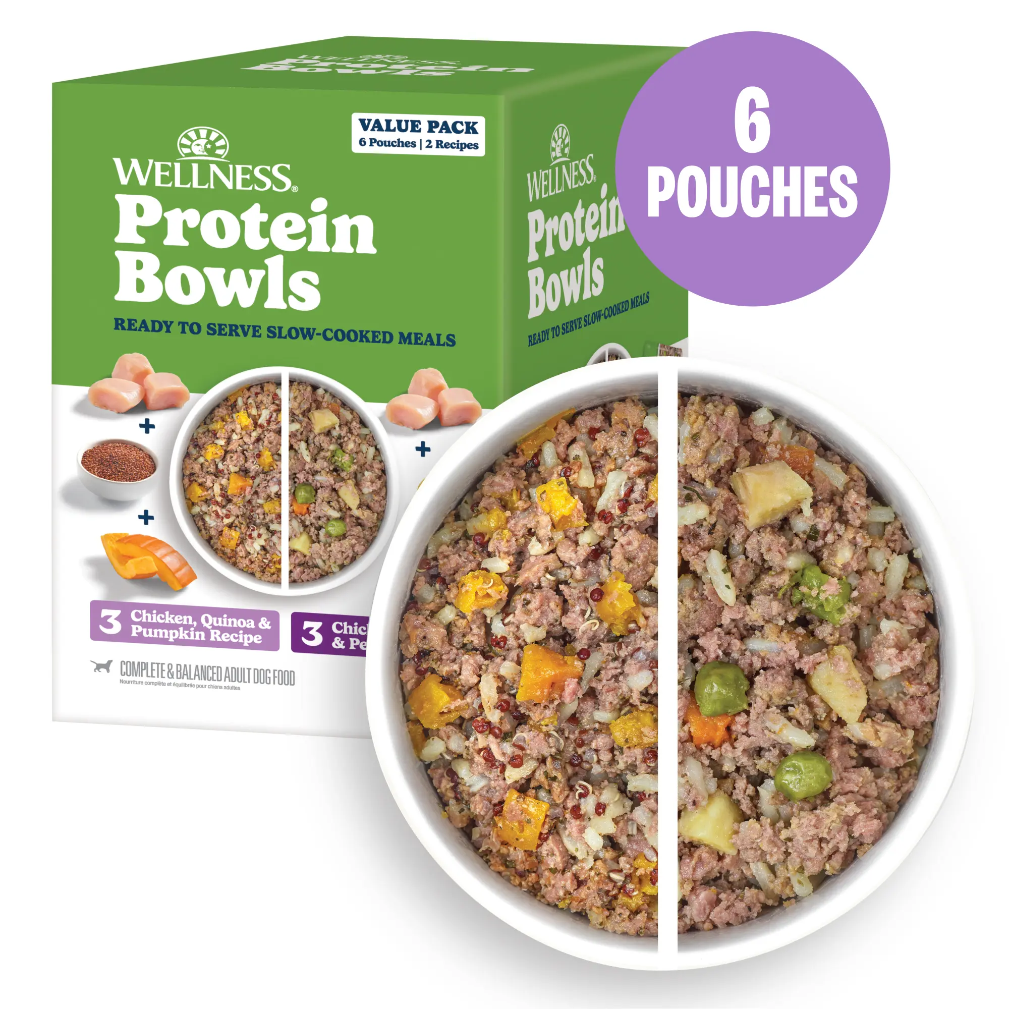 Wellness Protein Bowls, Adult Fresh Alternative Dog Food, Wholesome Grains, 6.2 Ounce Pouch, 6 Pack, (Chicken Value Pack)