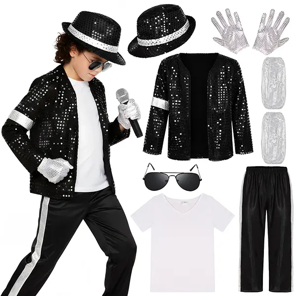 Boys' 80s-90s Pop Dance Star Costume - Polyester Sequins Stripes T-Shirt Halloween Stage Outfit, Sunglasses Included, Halloween Ideas, 13 - 14 Years, Striped Pants, Costume Ideas