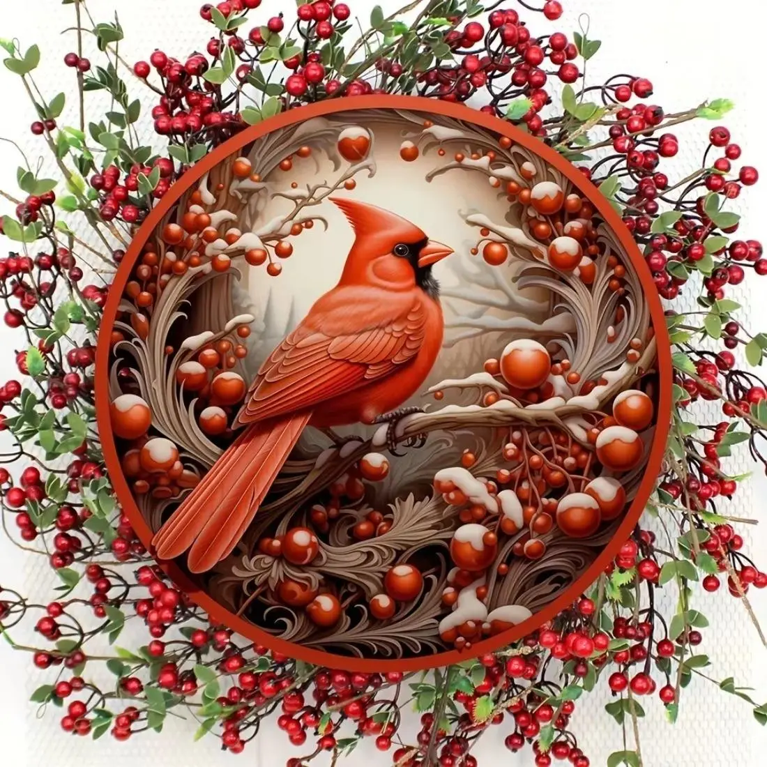 Cardinal & Holly Berry Wreath Sign, Rustic Metal Sign, Elegant Cardinal Decorative Wall Hanging, Garden Decoration Supplies, Home Decor Ornaments, Rustic Farmhouse Design