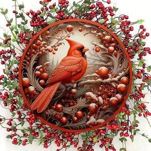 Cardinal & Holly Berry Wreath Sign, Rustic Metal Sign, Elegant Cardinal Decorative Wall Hanging, Garden Decoration Supplies, Ornaments