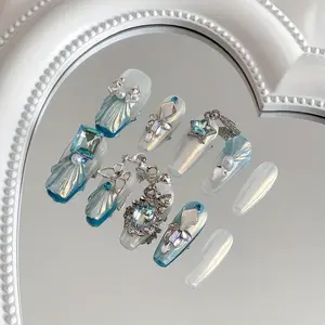 10 Pieces Acrylic Press on Nails, Fake Nails, Dreamy Princess-Style Manicure, Blue and Gradient with Rhinestones and Pearls