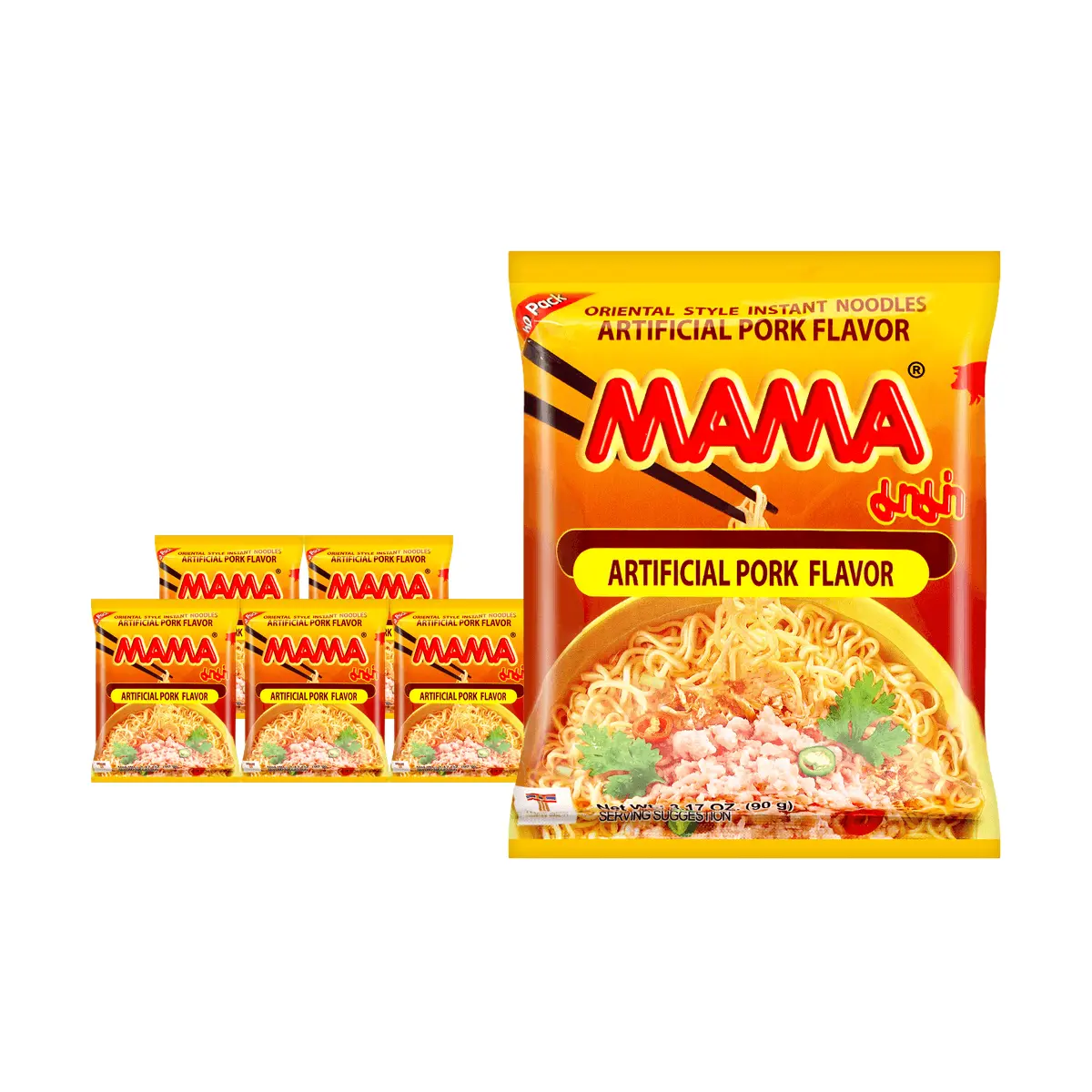 MAMA Instant Noodles, Minced Pork Flavor, 90g x 6 Pack - Authentic Thai Classic "Must-Eat" Ramen, Savory Pork Broth, Quick Meal