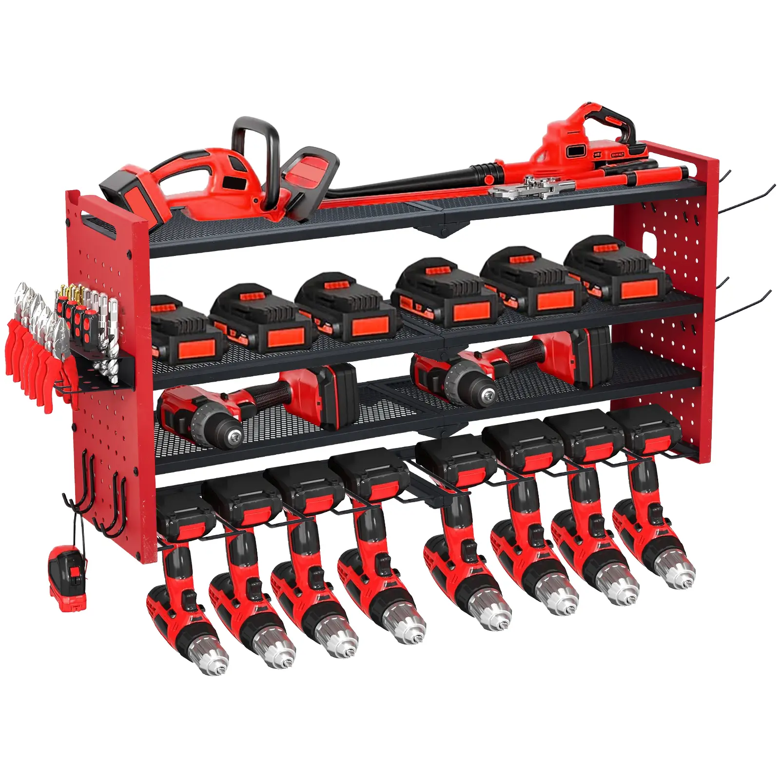 Pegboard Style Power Tool Organizer, Wall Mount Garage Storage Rack with Charging Station, 3-Tier Shelf with 8 Outlets, 4-Slot Drill Holder, Hooks for Drill Bits & Battery Storage