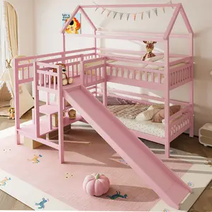 [Bellemave]Twin /Full House-shaped Bunk bed with Slide,Playhouse Bed with Storage Stairs,Two Placement Methods ,Noise-free Design, Pink