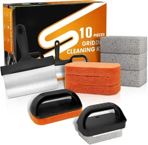 Griddle Cleaning Kit for Blackstone, Flat Top Grill Cleaning Kit with Grill Stone, Upgraded Scouring Pads & Griddle Scraper & Brush with Handle - Easy to Remove Stain (10 PCS)