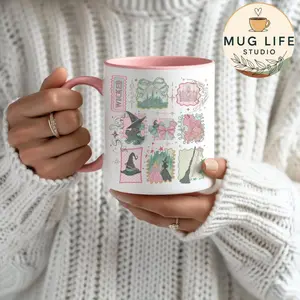 Retro Wicked Stamps Mug, Defying Gravity Wizard Mug, Elphaba Glinda Pink Green Musical Mug, Wicked Broadway Fan Gift Mug