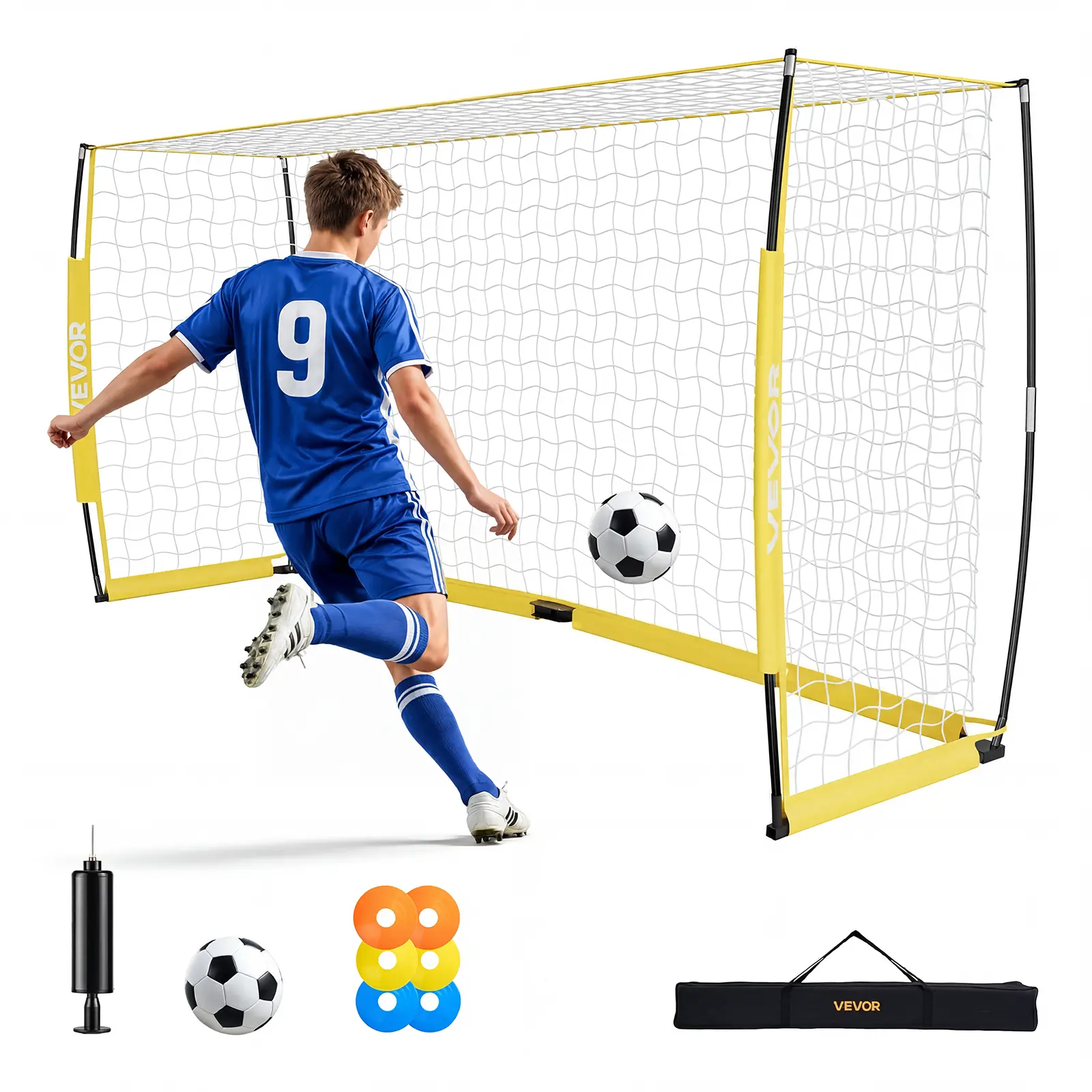 VEVOR Soccer Goal 12 x 6 FT Soccer Net for Backyard Collapsible Base Yellow, Portable & Quick Setup, with Metal Base, Carry Bag, Ground Stakes, for Youth & Adults Outdoor Backyard Practice Training, Soccer Gear, Footballequipment