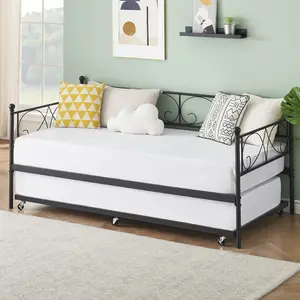 Space-Saving Modern Twin Size Metal Daybed Frame - Heavy Duty Steel Slats - Floral Decorative Headboard - Sturdy Sofa Bed for Bedroom or Living Room, No Box Spring Needed, Black