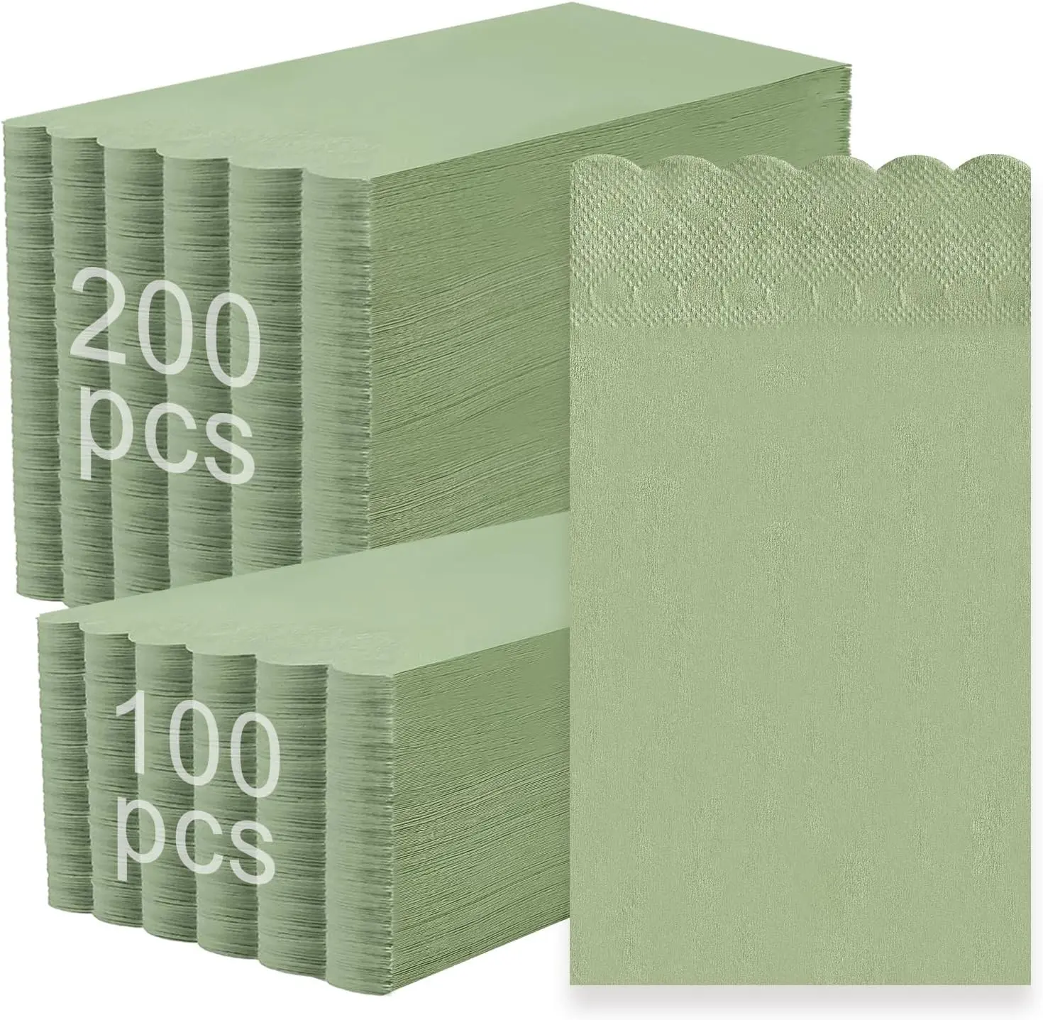 100 Pcs Sage Green Cocktail Napkins Disposable Green Scalloped Napkins