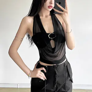 2025 Fall Layered Set - Daring Halter Bralette & Sheer Mesh Vest, Edgy Two-Piece for Night Out Two-Piece Halter Top Set: Faux Leather Bralette with See-Through Mesh Vest, 2025 Edgy Fall Fashion Women's Sheer Mesh Two-Piece Set - Sexy Halter Neck Bralette