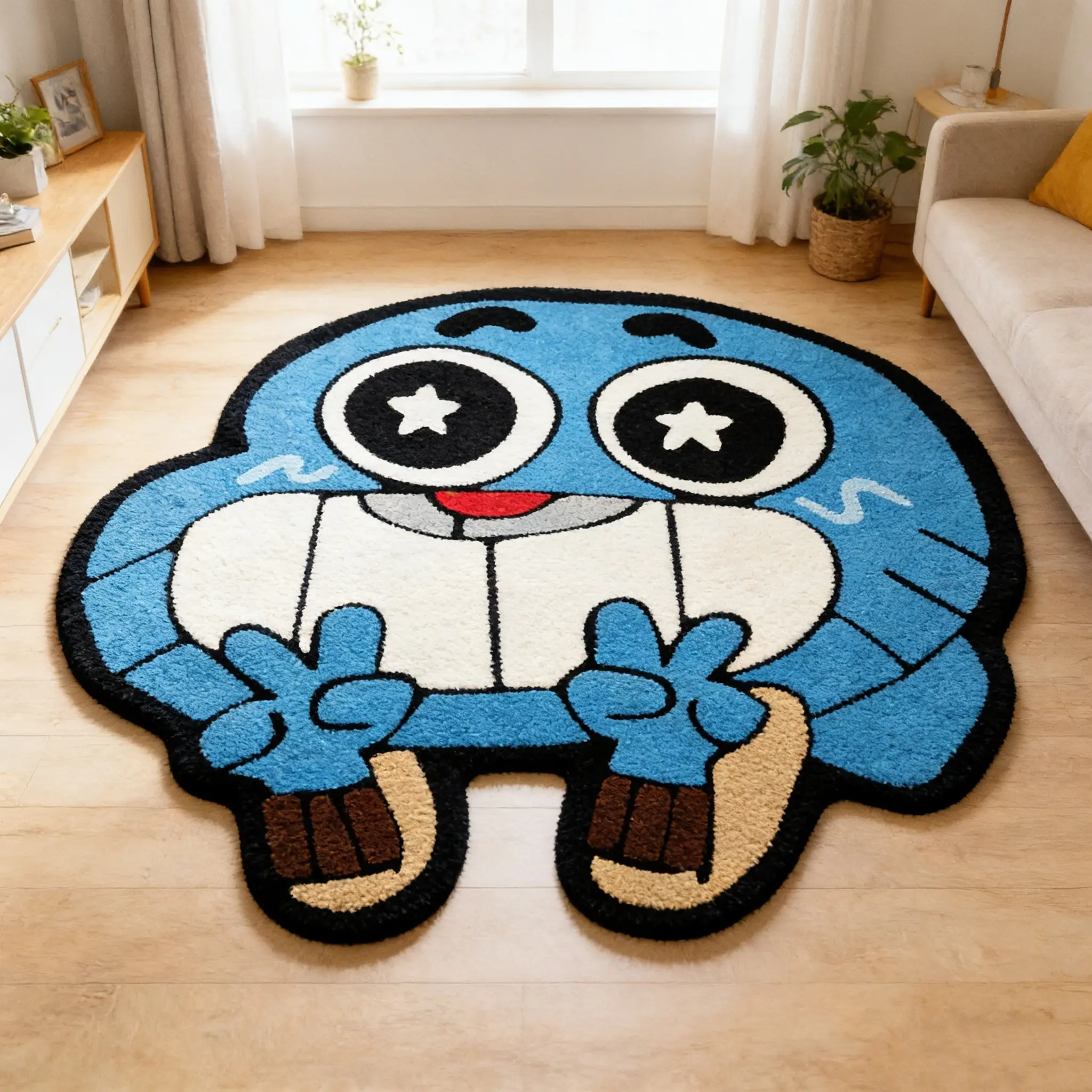 Cartoon blue cat shaped carpet, Soft Rug, Decorative Rugs, House decor rug, blue and white contrasting plush floor mat, bedroom anti slip and wear-resistant foot mat, space decoration mat, suitable for Instagram style/cartoon fun home decoration