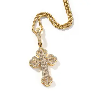 Iced Out White Gold Plated Cubic Zirconia Cross Pendant Necklace With Rope Chain, Trendy Hip Hop Cross Faith Pendant Jesus Necklace For Men Women
