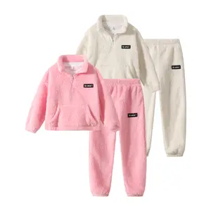 Toddler Girl Fleece Set 4 Pieces Fuzzy Long Sleeve Half Zip Sweatshirts Fleece Pants Kids Fall Winter Outfit 3-12Years