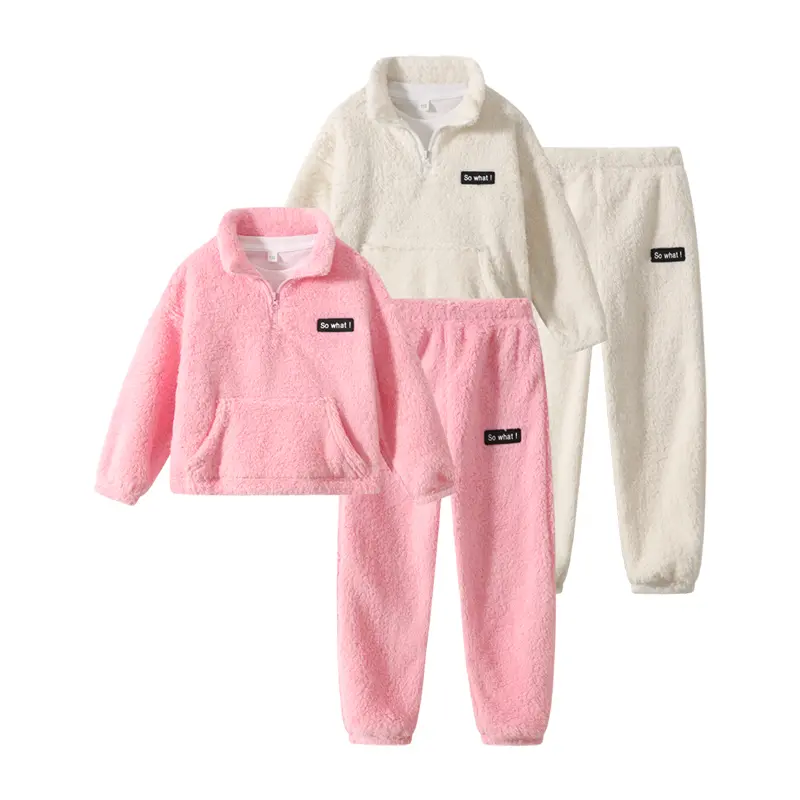 4-piece girls' autumn and winter fashion fleece suit 3-12-year-old children's solid color plush long-sleeved semi-zipper sweatshirt fleece pants children's suit Costumes Girlclothes