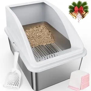 Stainless Steel Litter Box for Pine Pellet and Non-Clumping Litter, XXL Sifting Pan with Lid for Large Cats, High-Sided Design Anti-Leakage, Non-Stick Bottom