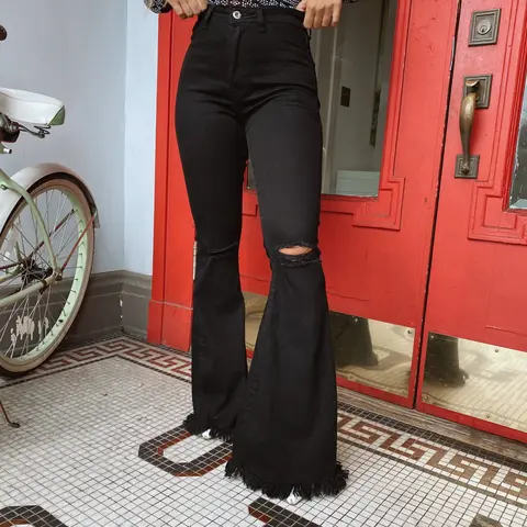 Women's Farrah Distressed High-Rise Flare Crop Jeans - Black, Alt Clothing Women Pick, Early 2000s & Grunge Aesthetic, Flattering Fit, Stylish Leg, Ideal for Day Wear