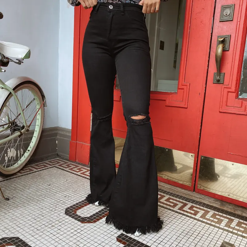 Women's Farrah Distressed High-Rise Flare Crop Jeans - Black, Alt Clothing Women Pick, Early 2000s & Grunge Aesthetic, Flattering Fit, Stylish Leg, Ideal for Day Wear