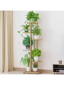 6-Tier Iron Plant Stand, 7-Potted Holders with Silver Hanging Planters, Dark Gray Corner Shape Layered Look Indoor Outdoor Planter Display Rack for Living Room, Patio