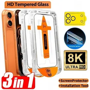 3-In-1 HD Tempered Glass Screen Protector Set, 2 Pieces Dust-Free + 1 Piece Lens Protection for iPhone 17/16/15/14/13/12/11 Pro Max