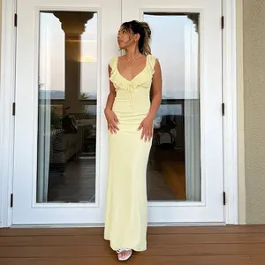 YJ24657PFO-Wendy Dress Yellow Dress, Womens Casual Ruffled Tie-Stretch Fit Long Dress Sleeveless Bodycon Plain Maxi Dress