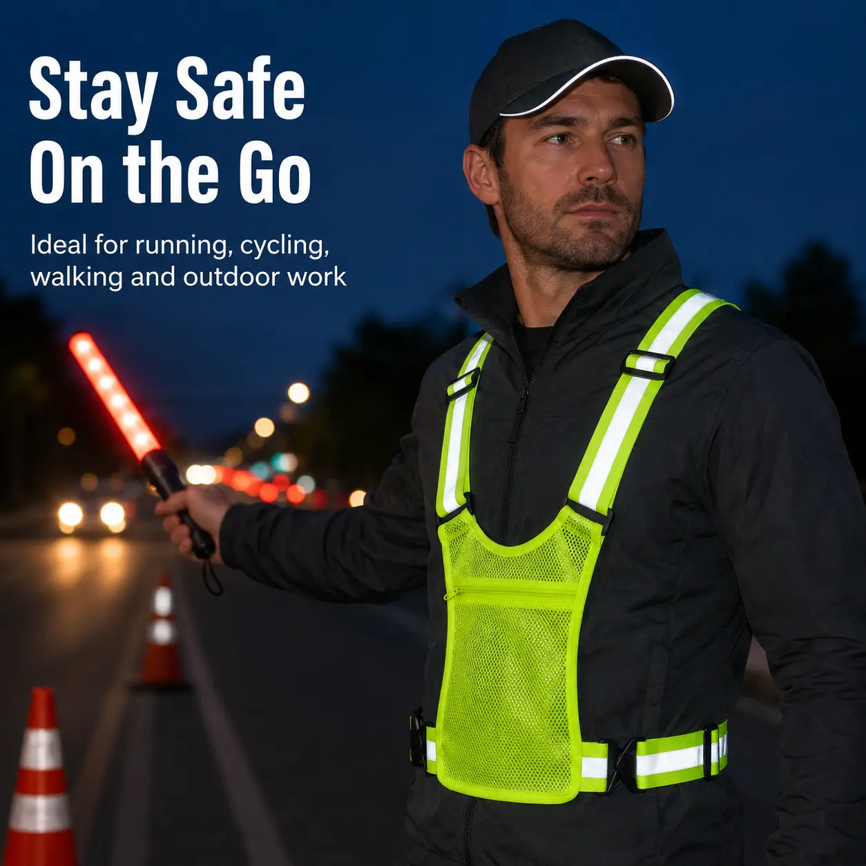 Adjustable Strap Reflective Safety Gear Vest with Storage Pockets, Breathable Polyester High Visibility Vest for Outdoor Running and Cycling