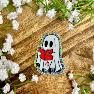 Ghosts Reading Something Spooky Glitter Sticker