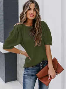 Women's Solid Color Summer Bubble Sleeves Top Short Sleeve Round Neck T-Shirt, Elegant Half Sleeve Fitted Shirt for All Seasons