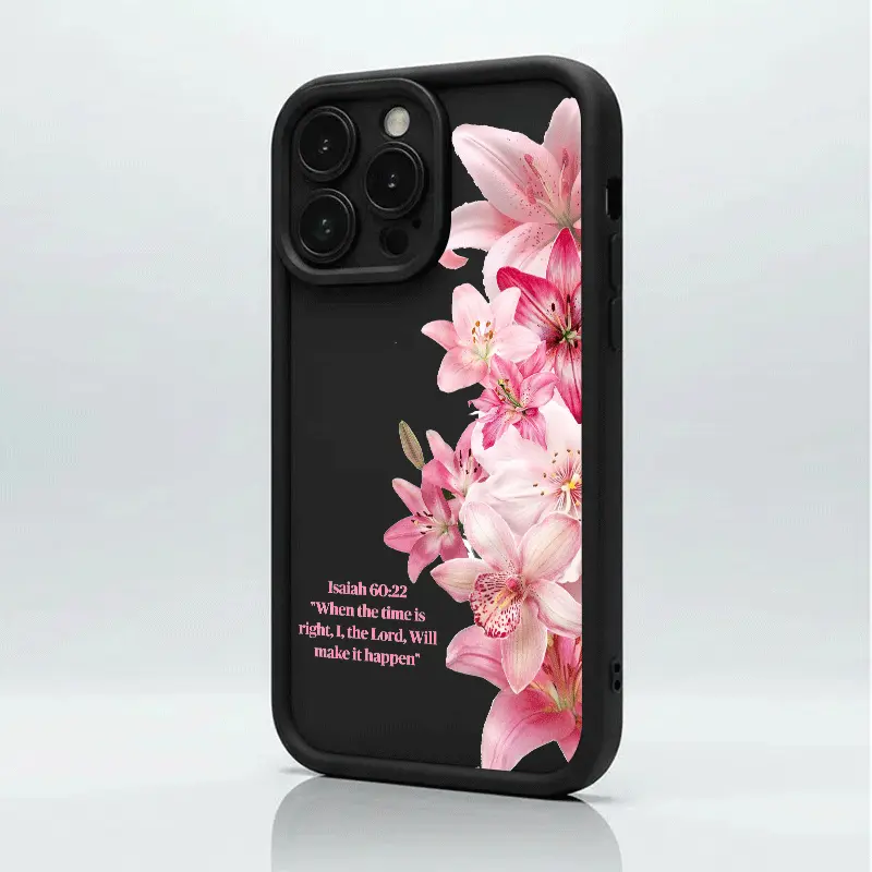 Religious Inspirational Pink Lily Bible Verse Celestial Eye Phone Case, Flexible Soft TPU Full Edge Protection Cover, Slim Fit Shockproof Anti-Drop Mobile Accessory, Compatible with iPhone 11-17 & Samsung Galaxy S21-S26 (Black) - Ideal Gift