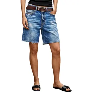 Flamingals Wash Raw Hem Mid Waist Denim Mid Thigh Shorts Without Belt Womenswear Stretchy 7.9" Inseam
