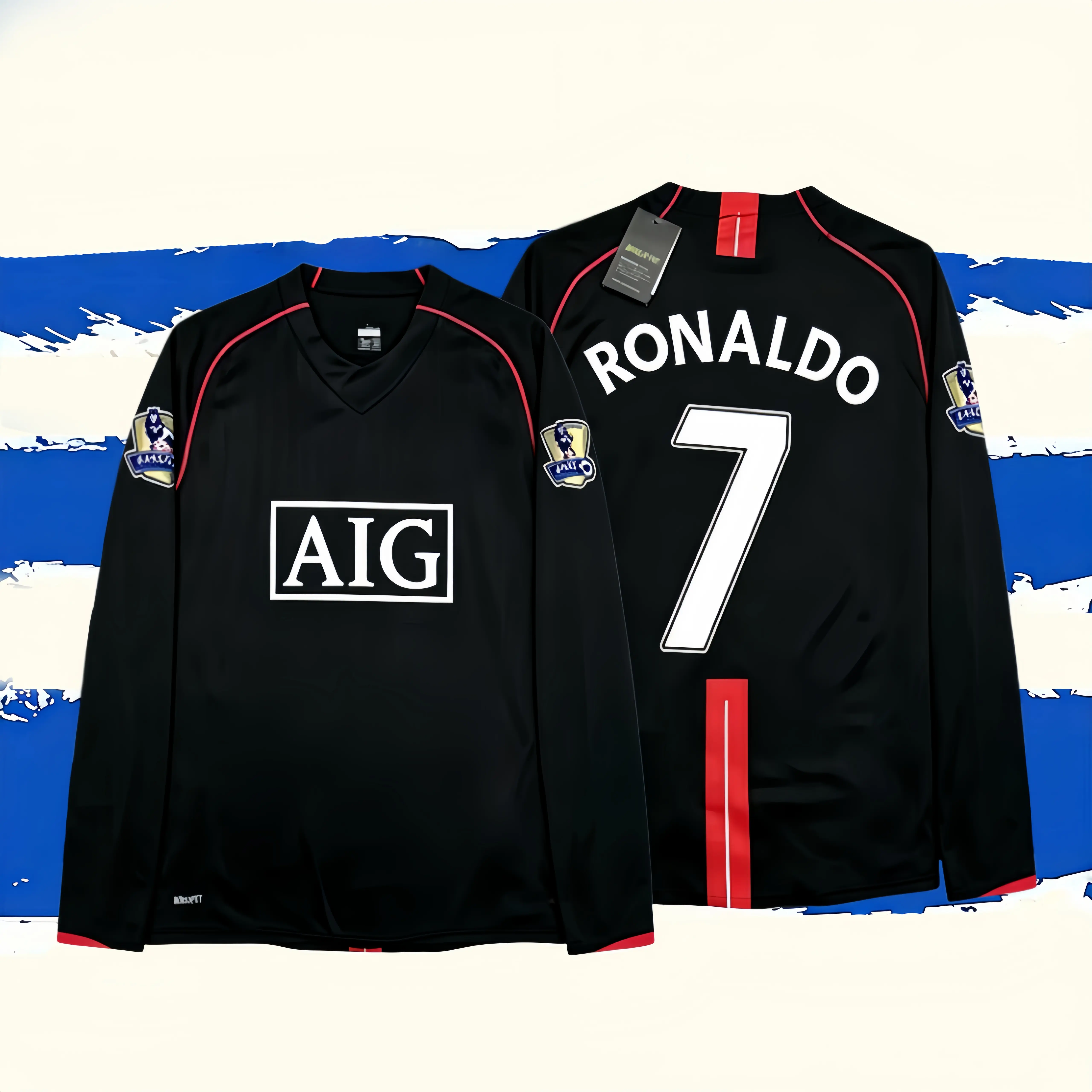 Ronaldo#7 07 08 Away Black Long/Short Sleeve Vintage Fan Edition Jersey