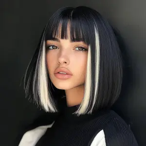 SMILCO/14Inch Short Straight Highlight Black With White Synthetic Hair With Bangs/SM399