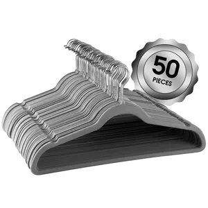 212 MAIN 50-Piece Flocked Velvet Hangers with Stainless Steel Swivel Hooks, Gray Contour Shoulders, Strap-Included Organiser (Wooden/Metal/Plastic Components) for Sports Gear Hanging Organization