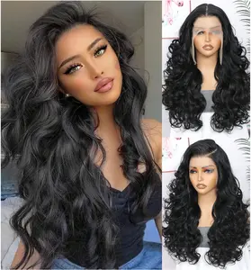 26 Inch Natural Black Body Wave Lace Front Wig | Pre-Plucked Hairline Synthetic Heat-Resistant Wig for Daily Wear & Parties