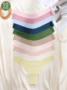 10-Pack Women's Solid Color Casual Comfortable Breathable Seamless Low-Rise Thongs, Panties, Soft Fabric for Daily Wear, All Seasons Essential