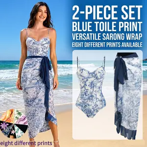 Women's blue printed 2-piece swimsuit, featuring adjustable bow straps and a matching cover-up skirt set.Summer swimwear.White swimsuit.Stylish beachwear.2026 women's swimwear, creating a summer vibe