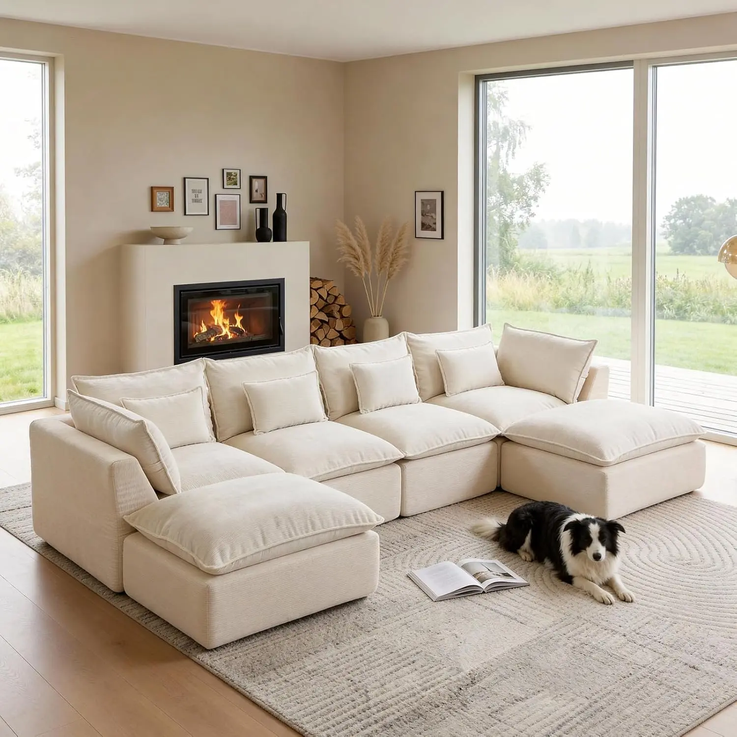 129.8" Cloud Couch, Oversized Modular 4-Seat Sectional Sofa with 2 Ottomans, Deep & Wide Seat Comfy Waffle Fabric Lounge Sofa, Slow Rebound Foam Relax Modular Sofa for Living Room, Antique White