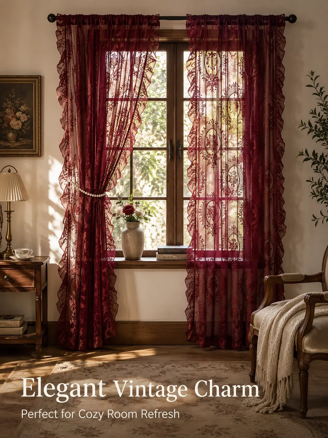 Lace Curtains for Bedroom Window and Doorway, Vintage Ruffled Sheer Curtain Panels, Light Filtering Floral Room Divider for Home Decor